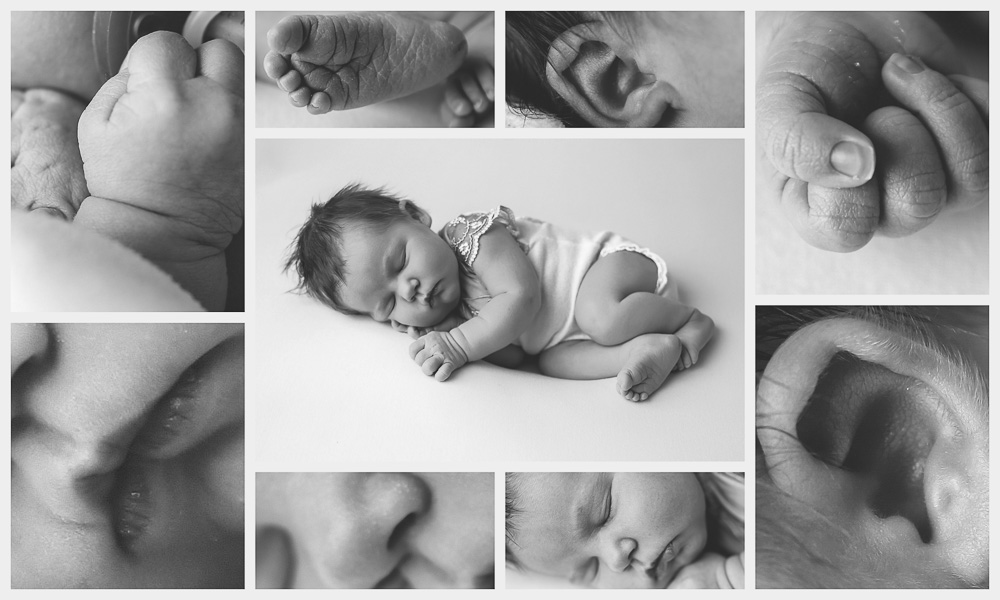 Neugeborenen - Collage bestehend aus vielen kleinen Bildern vom Gesicht des Babys.